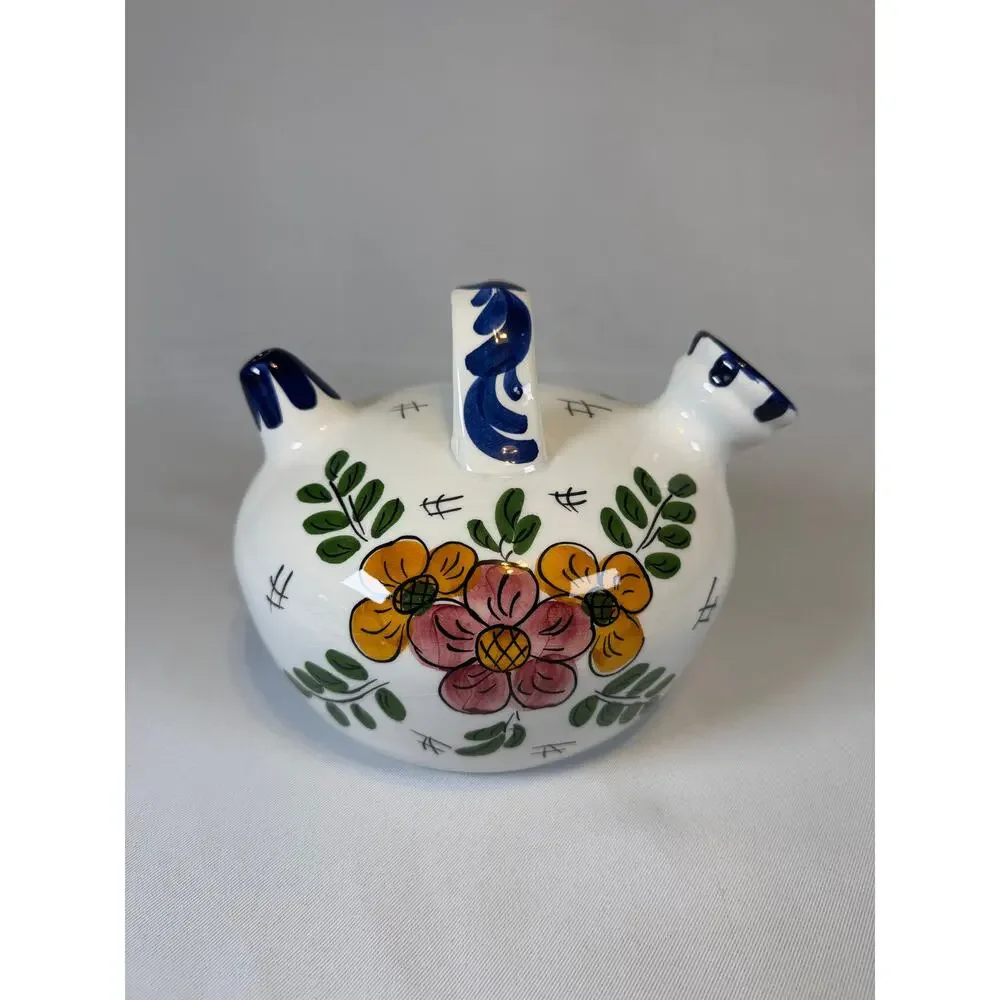 Vtg Spanish Botijo Hand Painted Ceramic Water Jug Floral Folk Art Double Spout